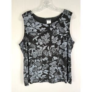 Vintage 90s Y2K Stretchy Floral Tank Top Large Black Whimsigoth Grunge Cyber